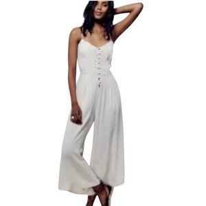 Free People EILEEN White Lace Trim Wide Leg Crepe Jumpsuit
